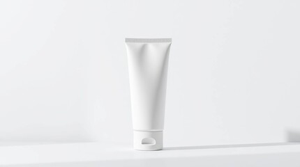 A blank white tube, likely cosmetic, sits centered on a white surface