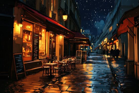 Vibrant Paris night cafe ambiance with raindrops creating a magical atmosphere and warm ambiance in a charming street