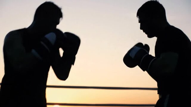 Silhouette of two man training boxing on sunset at beach 