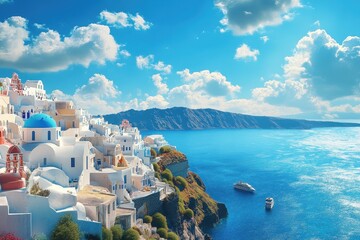 Obraz premium Discovering the breathtaking beauty of Santorini, Greece, with its iconic architecture, deep blue waters, and stunning volcanic landscape under a bright sky