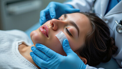 Woman receiving facial treatment clinical setting, with focus skincare and relaxation. professional is applying soothing mask, showcasing serene