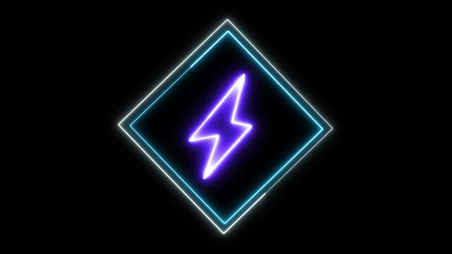 Neon battery charging icon with glowing squire frame. Colorful power symbol animation on dark background for tech interfaces or energy visuals.