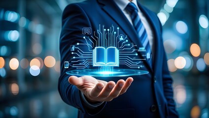 Glowing data visualizations show global business network connections, illuminated with cinematic lighting