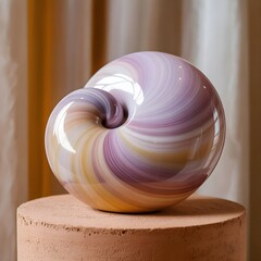 Glossy Abstract 3D Swirl Sculpture on Minimal Pedestal with Pastel Colors