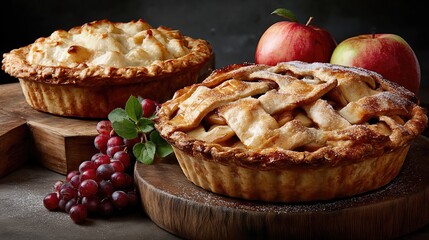Freshly baked apple pies are beautifully presented with a variety of toppings, highlighting texture and flavor in crisp detail. 