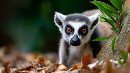 Obraz premium Baby lemur is looking at the camera. The image has a warm and playful mood. The baby lemur is surrounded by leaves and branches, giving the impression of a natural habitat
