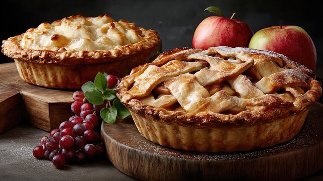 Freshly baked apple pies are beautifully presented with a variety of toppings, highlighting texture and flavor in crisp detail.
