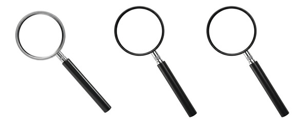 Classic Magnifying Glasses with Black Handles for Inspection and Search On Transparent Background

