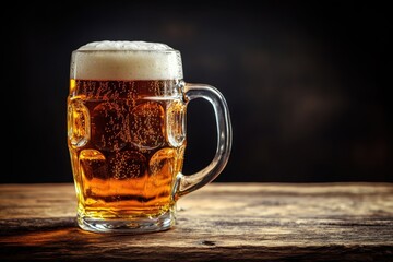 Enjoying a cold beer mug on an old wooden pub table at night, capturing the warm atmosphere and inviting ambiance of the bar setting