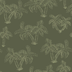 Hand Drawn Tropical Seamless Pattern with Palm Trees Line Art Drawing. Botanical Hand Drawn Jungle Background. Surface and Textile Print Design. Vector Illustration