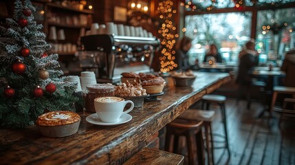 Fototapeta premium Cozy Christmas cafe with pastries and coffee