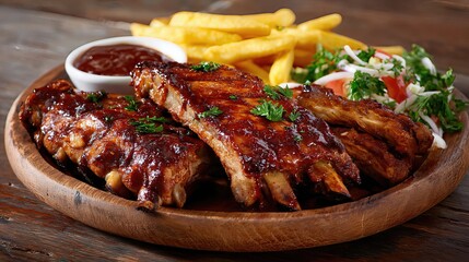 Juicy barbecue ribs with a sweet and spicy glaze shine under natural light, captured in rich, high-resolution clarity.
