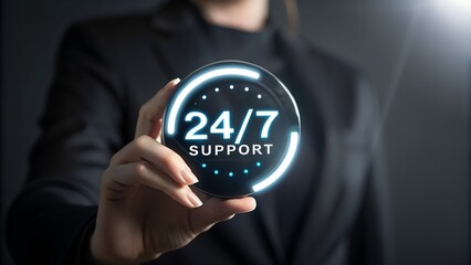 Businesswoman Holding a 24 7 Support Hologram Icon