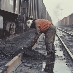Worker clearing debris from railway tracks during overcast day at train yard