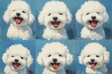 Joyful expressions of bichon frise dogs showcase their playful personalities in various moods and emotions under a bright blue background