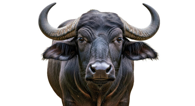Murrah Buffalo: Front View, Curled Horns, Glossy Hide, Isolated on White