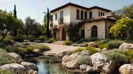The warm-toned Mediterranean architecture is framed by water-wise plants and colorful blossoms, blending elegance with sustainability.
