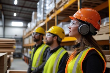 Workers in safety helmets and gear observing in industrial warehouse  