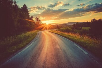 Obraz premium Biker rides a motorcycle along a winding road at sunset through scenic countryside with rolling hills and lush greenery