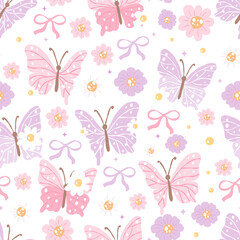 Pink and Purple Butterfly Seamless Pattern with Daisies and Bows, Kawaii Spring Floral Nursery Design