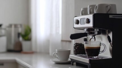 Espresso Machine Brewing Aromatic Coffee in Modern Kitchen