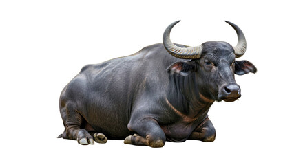 Peaceful Murrah Buffalo: Lying Down, Curled Horns, Isolated on White