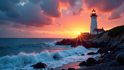 Majestic lighthouse standing tall against a dramatic ocean sunset Waves crash against the rocks below , reflection, sky