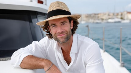 Man wearing a straw hat and white shirt is smiling at the camera. He is sitting on a boat in the water