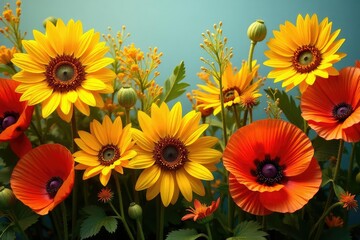 Obraz premium Bold, vibrant sunflowers and poppies in a dense, energetic arrangement , textile, background