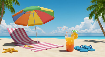 Tropical Beach Scene: Striped Towel, Colorful Umbrella, & Orange Juice