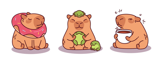 Cute capybara cartoon character set - chubby rodent with donut inflatable ring, adorable animal holding tiny frog friends, sleepy creature enjoying morning coffee. Kawaii funny mascot stickers.