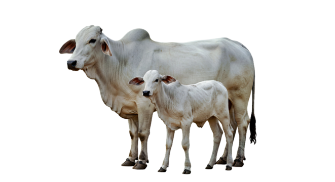 Ongole cow with its calf standing close together, both with white coats and distinctive humps, ears forward, isolated on white background