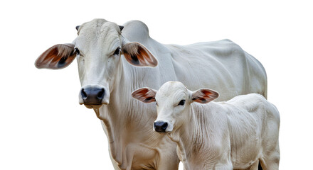 Ongole cow with its calf standing close together, both with white coats and distinctive humps, ears forward, isolated on white background