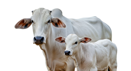 Ongole cow with its calf standing close together, both with white coats and distinctive humps, ears forward, isolated on white background
