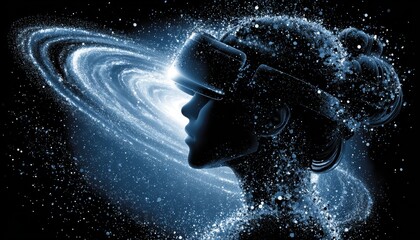 Obraz premium A person wearing a VR headset is depicted in a cosmic, digital style, merging technology and space in a visually striking scene.