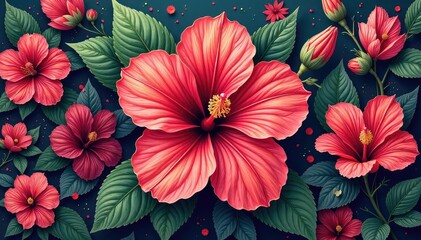 Fototapeta premium Intricate hibiscus details, geometric arrangement, bold colors , art, green