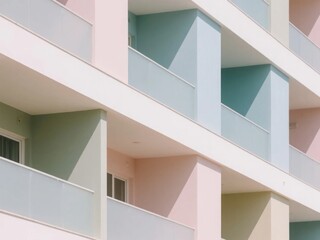 Obraz premium Pastel-Colored Building Facade with Clean Architectural Lines, Soft Daylight Illumination