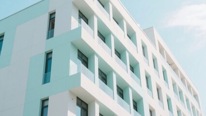 Pastel-Colored Building Facade with Clean Architectural Lines, Soft Daylight Illumination
