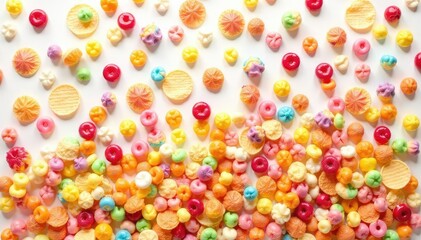 Fototapeta premium Pile of colorful candy, chips, and soda on white , unhealthy lifestyle, unhealthy, craving