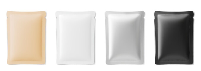 Set of blank foil bag packaging mockups in various colors - beige and white, silver and black. Container template for face mask. Empty sachet, plastic pouch for food, cosmetic or medicine products.