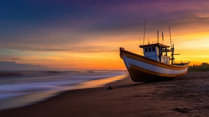 Naklejka premium A vibrant sunset over a tranquil beach with a fishing boat resting on the shore