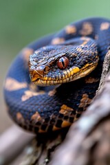 Snake curled up on a branch with striking colors, scales, eyes, and pattern