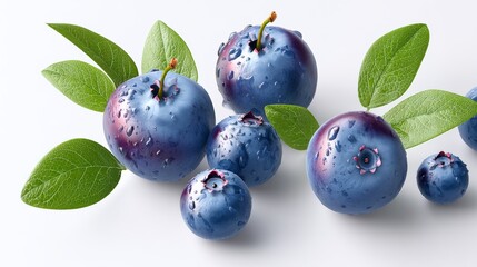 Close up of blueberries with green leaves. The blueberries are shiny and wet. Scene is fresh and healthy