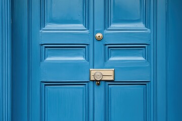Fototapeta premium Traditional style home featuring a vibrant blue front door with intricate paneling and a brass mailbox, inviting visitors to explore its charm
