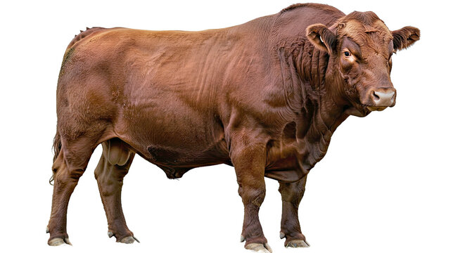 Red Angus bull with broad shoulders and muscular body, deep red coat, facing forward slightly, isolated on white background