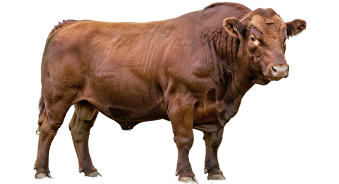 Red Angus bull with broad shoulders and muscular body, deep red coat, facing forward slightly, isolated on white background