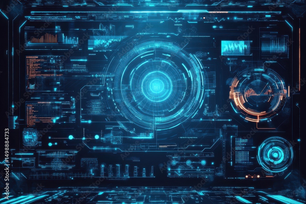 Poster advanced technological interface featuring blue hud elements for data visualization and analysis in 