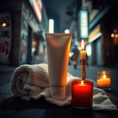 Night-time spa scene, cream tube, candles