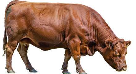 Red Angus cow grazing with head lowered, red coat glossy under light, muscular build, isolated on white background