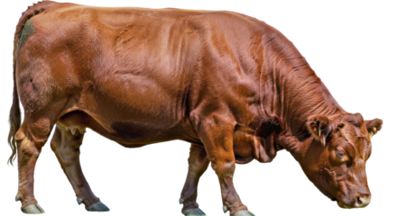 Red Angus cow grazing with head lowered, red coat glossy under light, muscular build, isolated on white background
